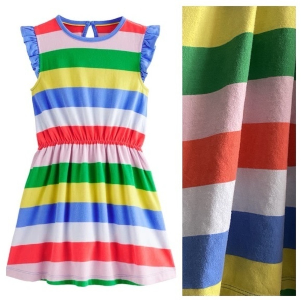 Mini Boden Rainbow Stripe Print Frill Sleeve Jersey Dress 10